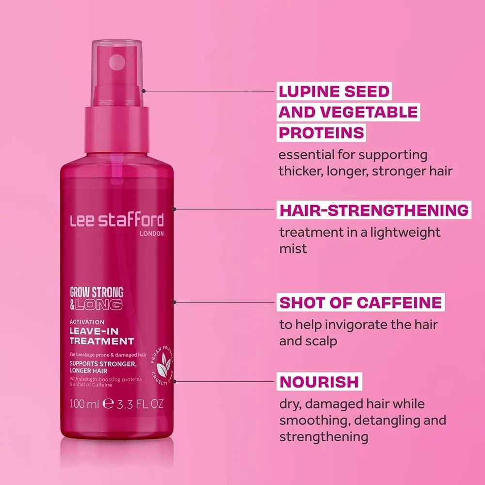 Flacone spray rosa con testo. Scritta: Grow Strong & Long Leave-In Treatment. Marca: Lee Stafford. Campi di testo aggiuntivi.