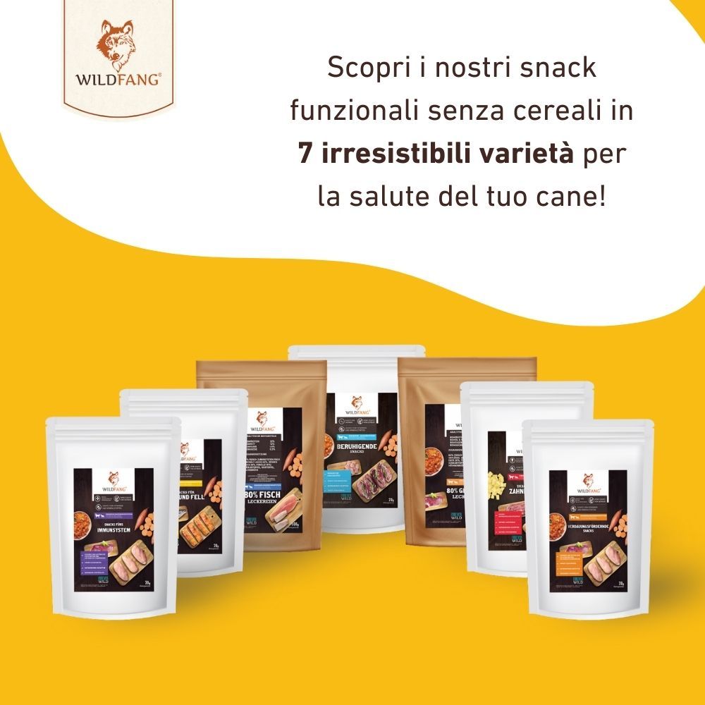Sette sacchetti di snack WILDFANG® per cani. Testo: Scopri i nostri snack funzionali senza cereali in 7 gusti irresistibili.