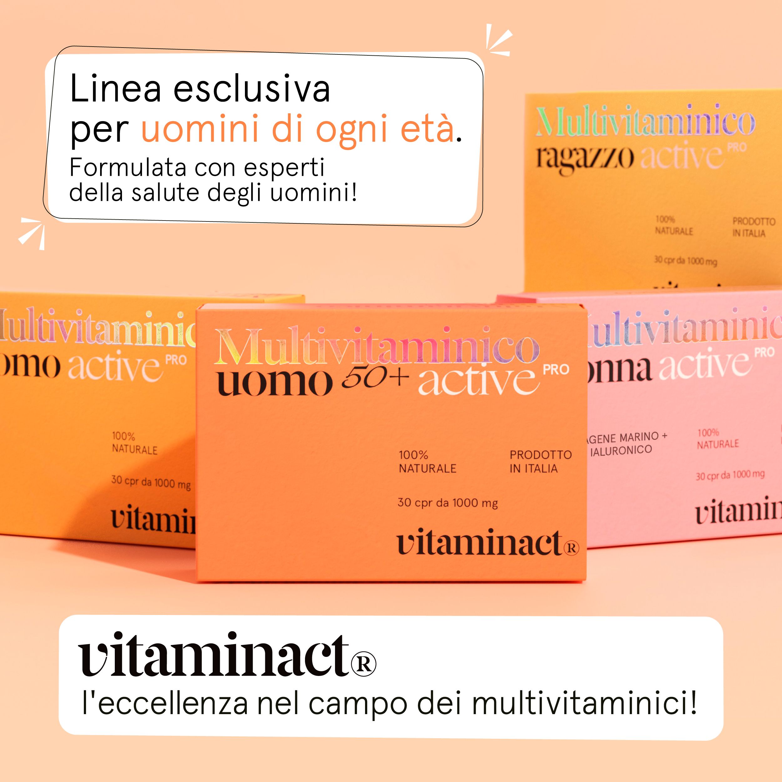 Diverse confezioni 'Multivitaminico uomo active PRO' e altre. Testo: 'Linea esclusiva per uomini di ogni età'.