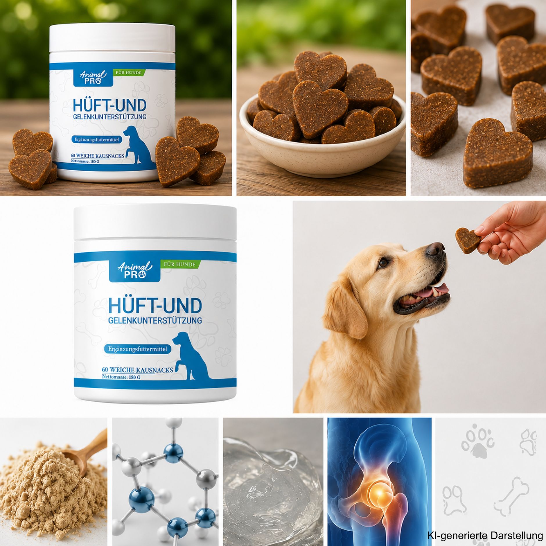 Collage: prodotto di supporto articolare, snack a forma di cuore, cane nutrito, polvere, molecola, gel, articolazione dell'anca.