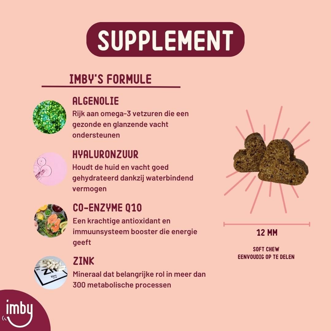Formula dell'integratore Imby: Olio di alghe, acido ialuronico, coenzima Q10, zinco.