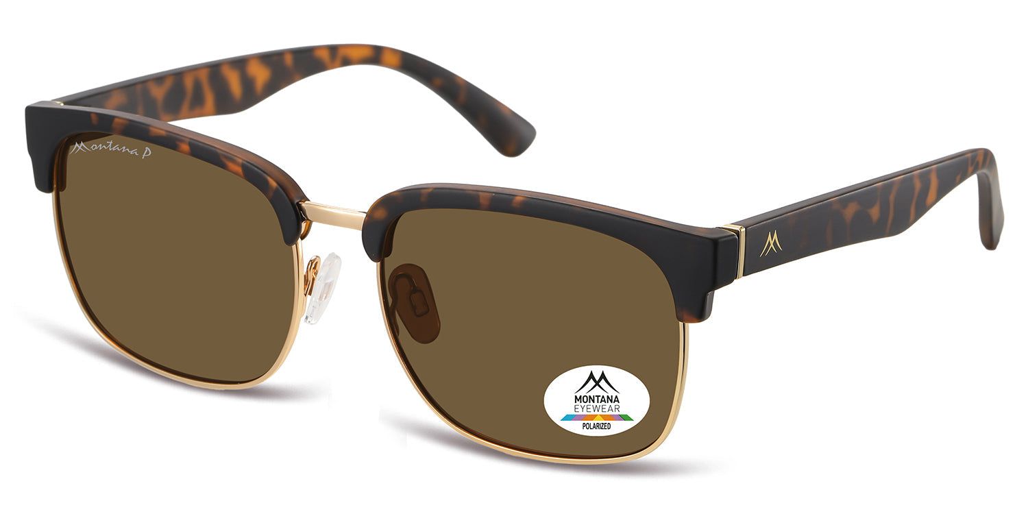 Occhiali da sole con lenti marroni e montatura dorata. Montatura superiore nera con motivo tartarugato. Logo Montana Eyewear sulla lente.