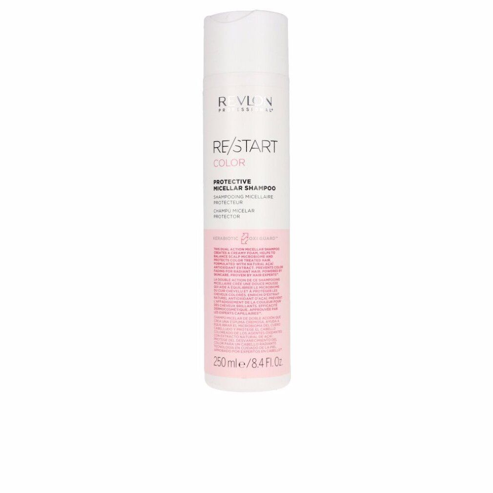 Flacone bianco-rosa. Testo: RE/START COLOR, PROTECTIVE MICELLAR SHAMPOO. Marchio Revlon. 250 ml/8.4 FL.OZ.