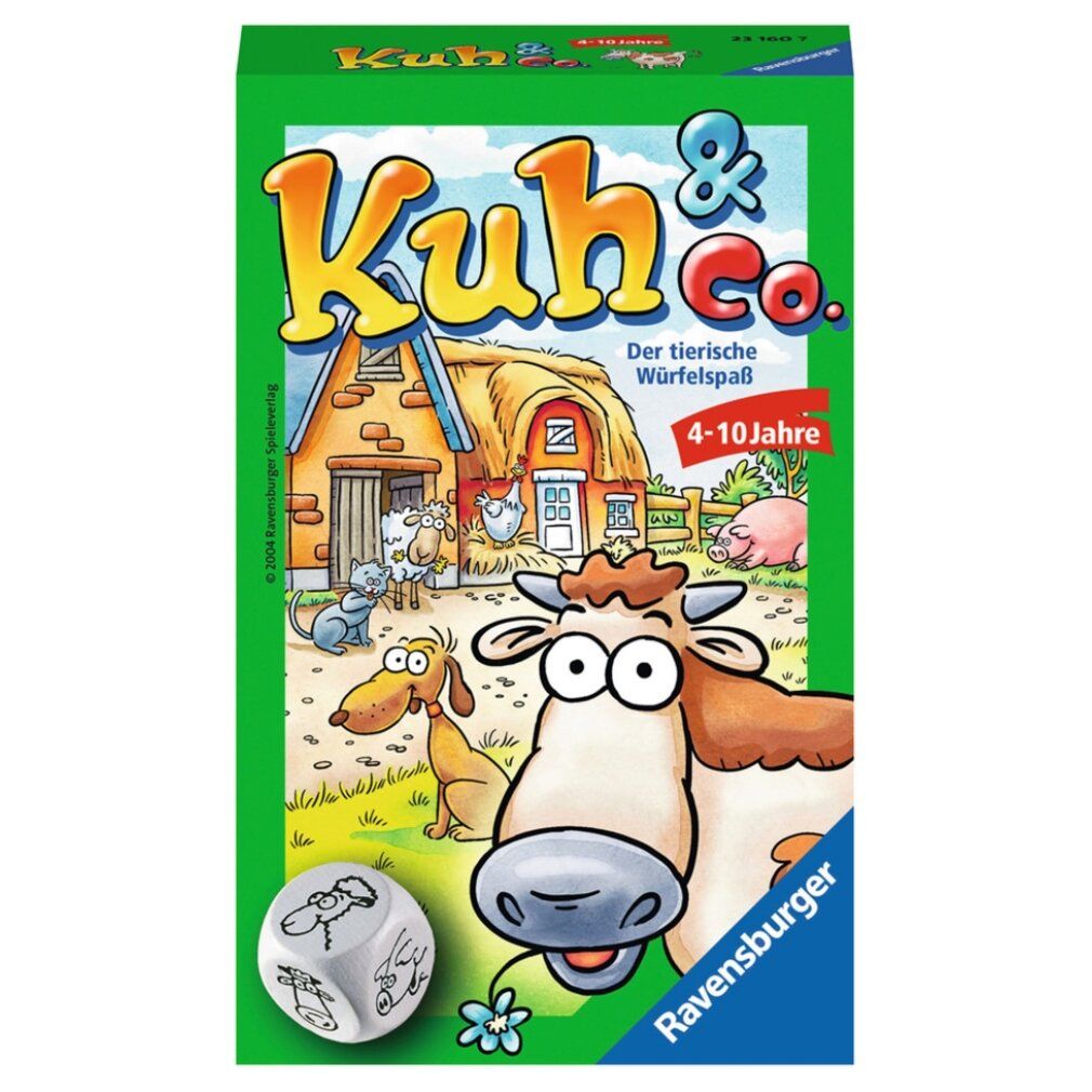 Scatola del gioco Kuh & Co. verde, illustrazioni di animali e fattoria. Dado, logo Ravensburger. Testo tedesco: Der tierische Würfelspaß.
