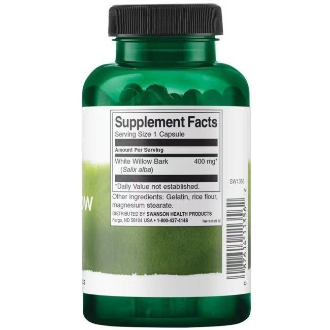 Retro di un flacone verde con capsule. Scritta: Supplement Facts, White Willow Bark, 400 mg.
