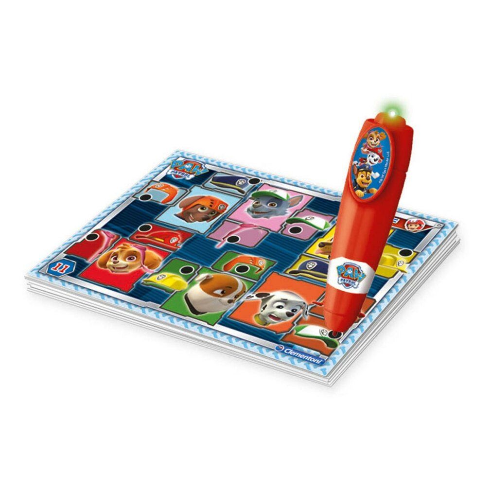Schede di gioco con motivi Paw Patrol. Penna rossa su scheda. Scritte: Clementoni, Paw Patrol.