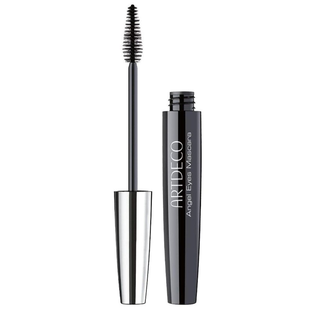 Tubo di mascara nero e spazzola. Manico argentato. Scritta: ARTDECO Angel Eyes Mascara. Confezione aperta.
