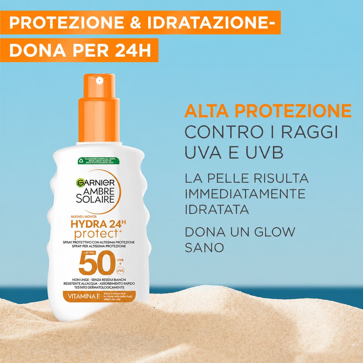 Spray solare Garnier Ambre Solaire Hydra Protect+. Flacone in mano. Fasi di applicazione. SPF 50. Testo: Modalità d'uso.