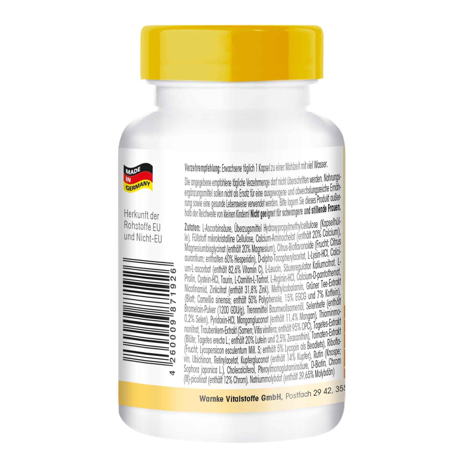 Retro di un flacone di pillole bianco con tappo giallo. Testo: ingredienti, origine UE e non UE, Made in Germany, codice a barre.
