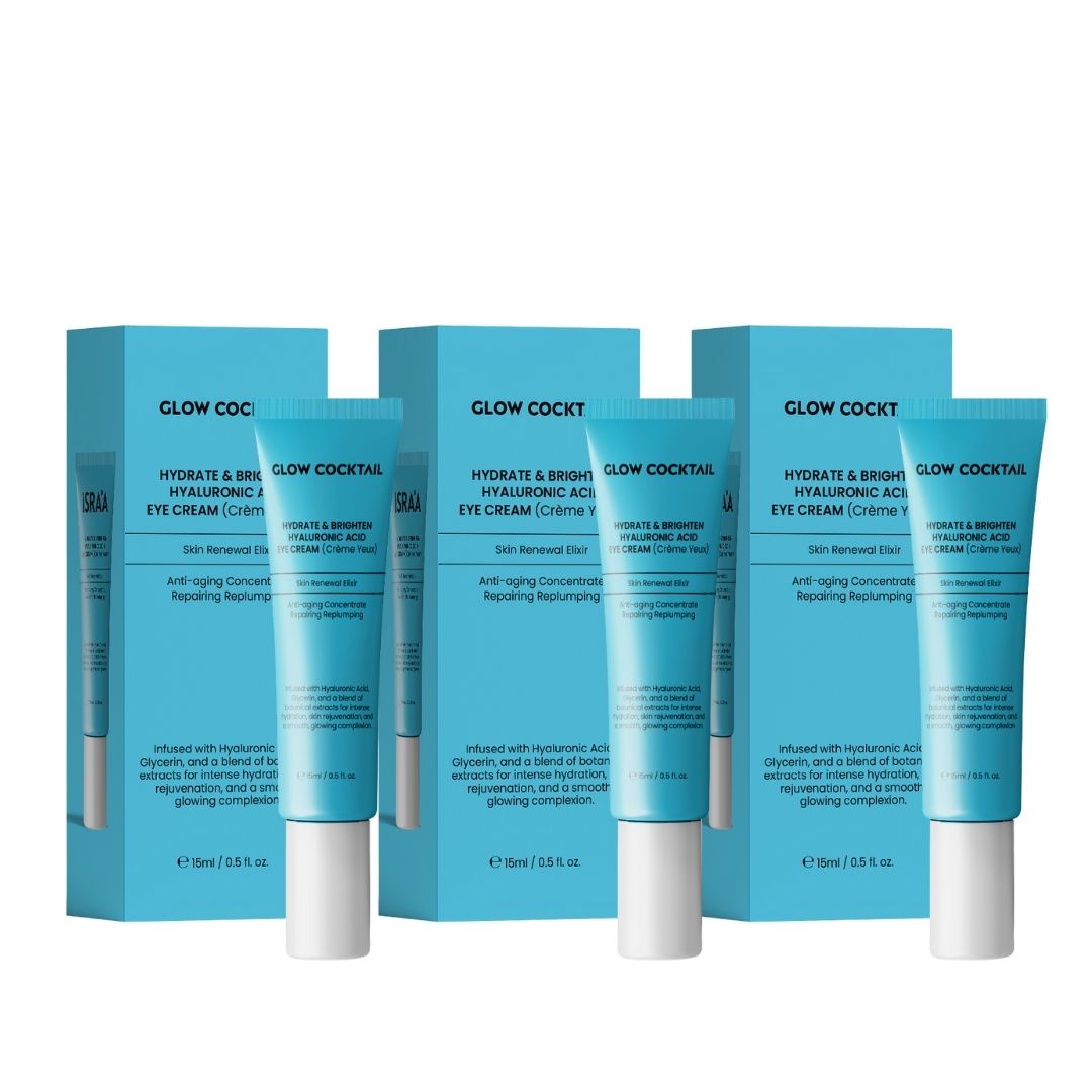 Quattro tubi e quattro scatole. Scritta: Glow Cocktail, Hydrate & Brighten Hyaluronic Acid Eye Cream. Confezione blu.