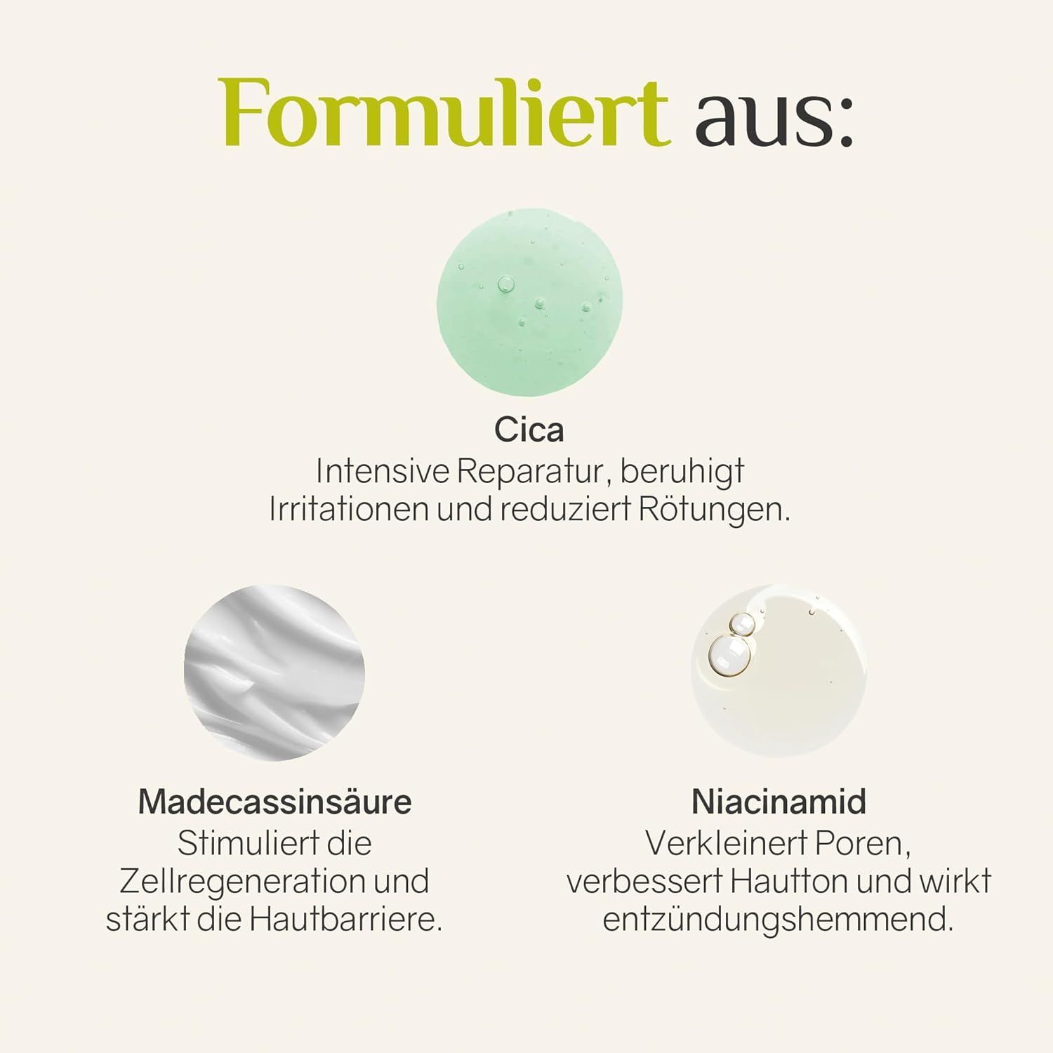 Grafico con ingredienti: Cica, acido madecassico, niacinamide. Descrizioni degli ingredienti e dei loro effetti sulla pelle.
