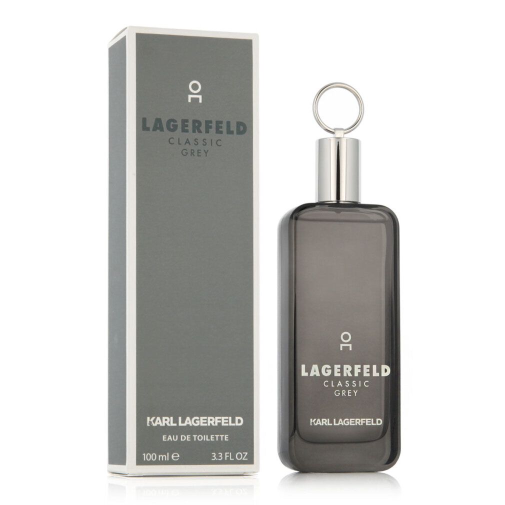 Flacone e scatola grigi. Flacone: LAGERFELD CLASSIC GREY. Scatola: KARL LAGERFELD, Eau de Toilette. 100ml 3.3FL.OZ.