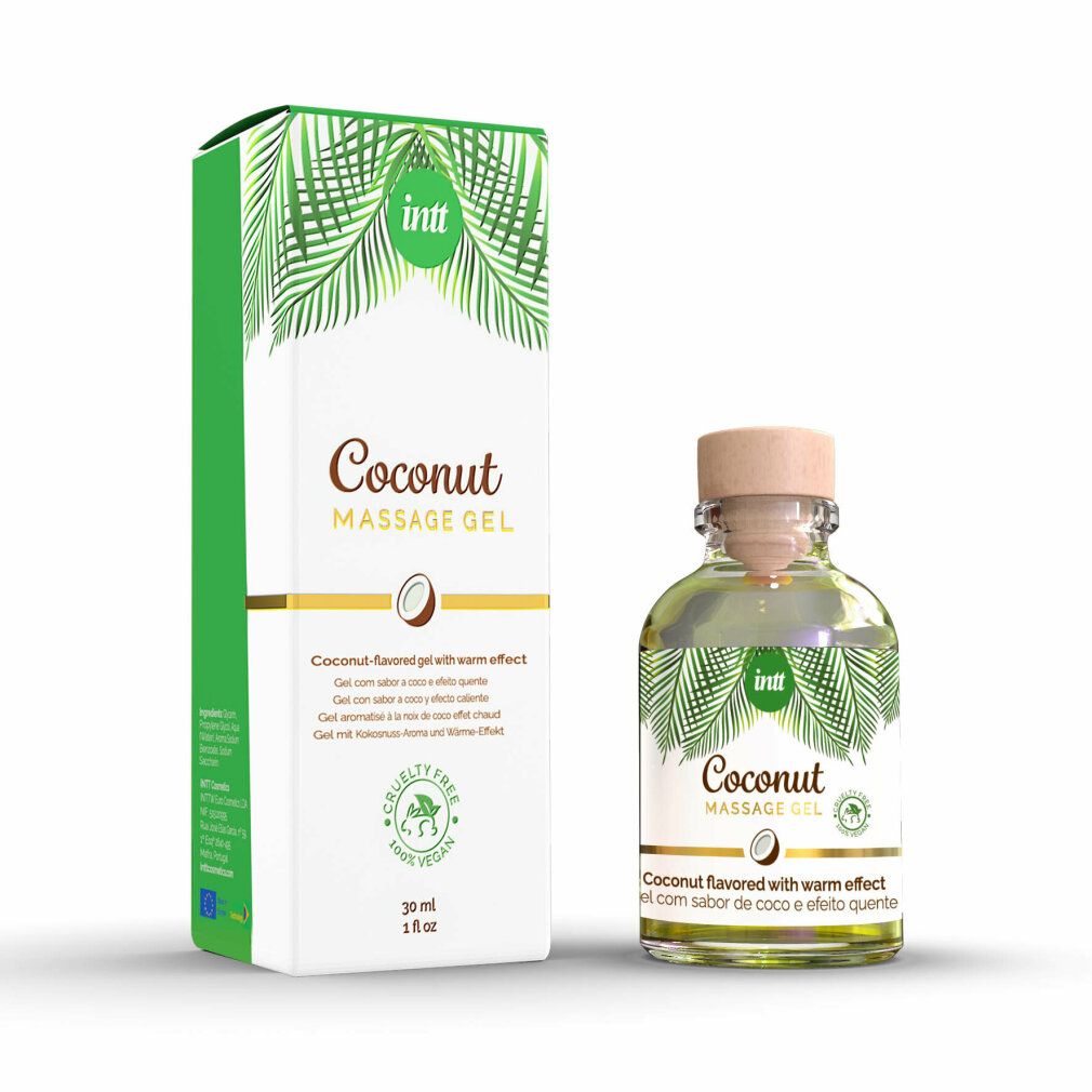 Flacone in vetro e scatola. Scritta: intt Coconut Massage Gel. Aroma di cocco. Certificazione vegana. Design verde con palme.