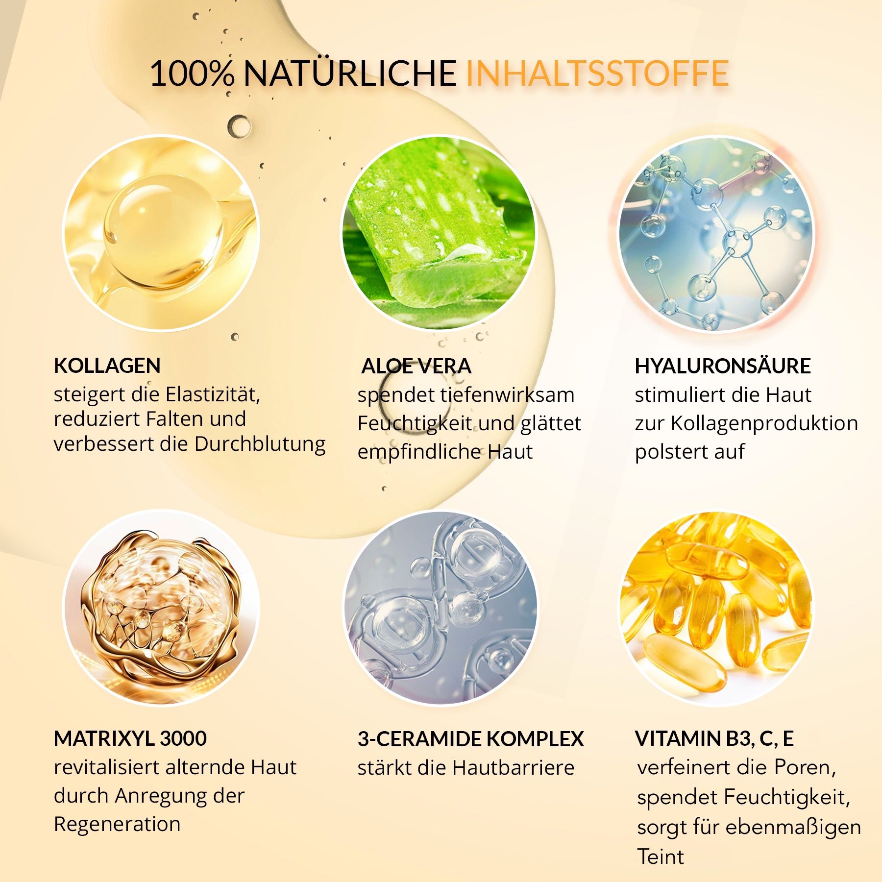 Infografica con ingredienti. Testo: Ingredienti naturali al 100%. Diversi ingredienti.