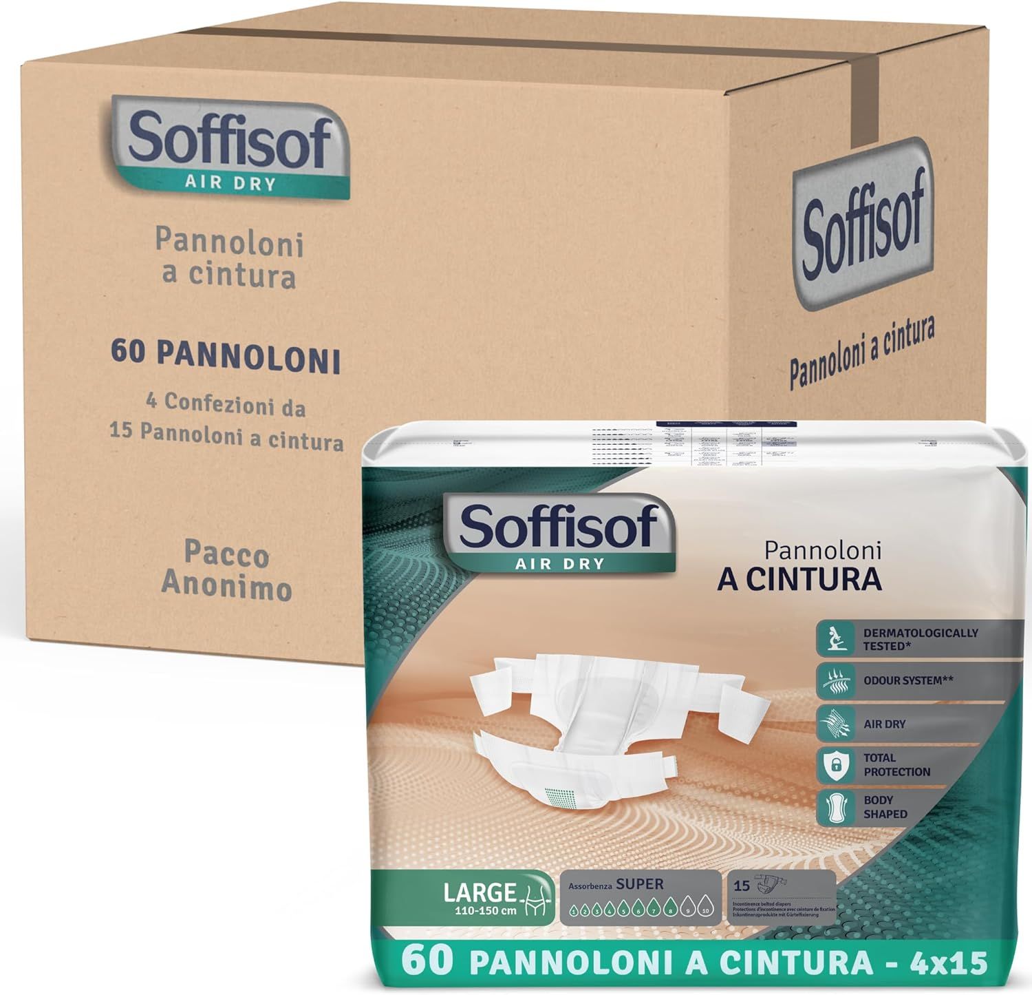 Soffisof, protezione per incontinenza con cintura. Confezione e scatola. Immagine prodotto: pannolino con cintura.