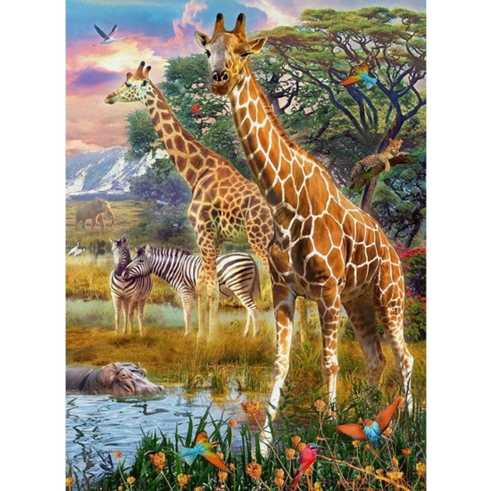 Puzzle con giraffe, zebre e ippopotami in un paesaggio della savana. Senza confezione.