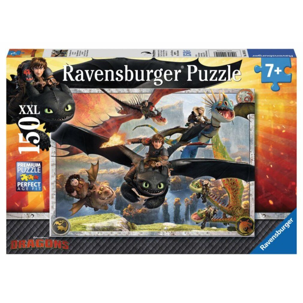 Scatola puzzle con draghi. Contiene 150 pezzi. Marca: Ravensburger. Età consigliata: 7+. Formato XXL.
