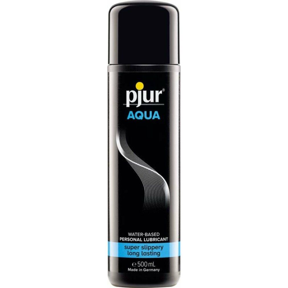 Flacone nero con tappo nero. Scritta: pjur AQUA. Testo: Water-based Personal Lubricant, super slippery long lasting. 500 ml.