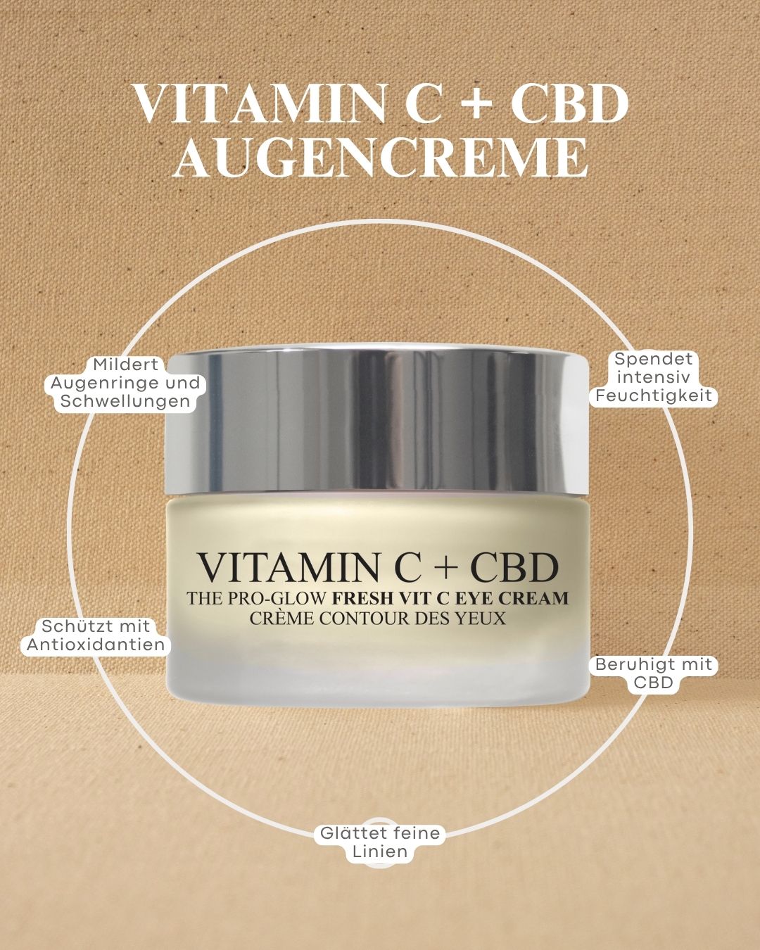 Contenitore in vetro con coperchio argentato, etichettato "Vitamin C + CBD". Circondato da cerchi con i benefici del prodotto in tedesco.