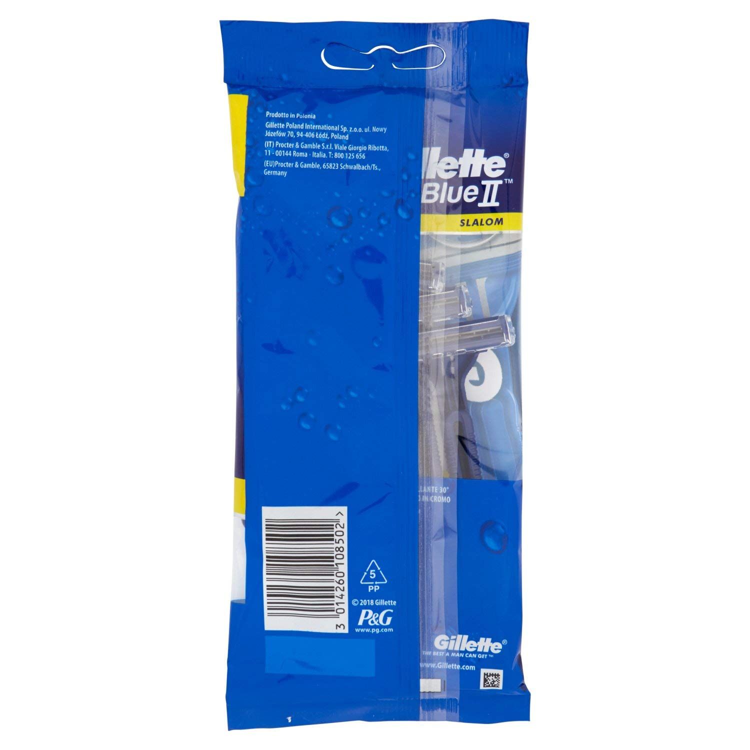 Retro della confezione blu. Testo e loghi. Contiene rasoi. Area gialla con testo.