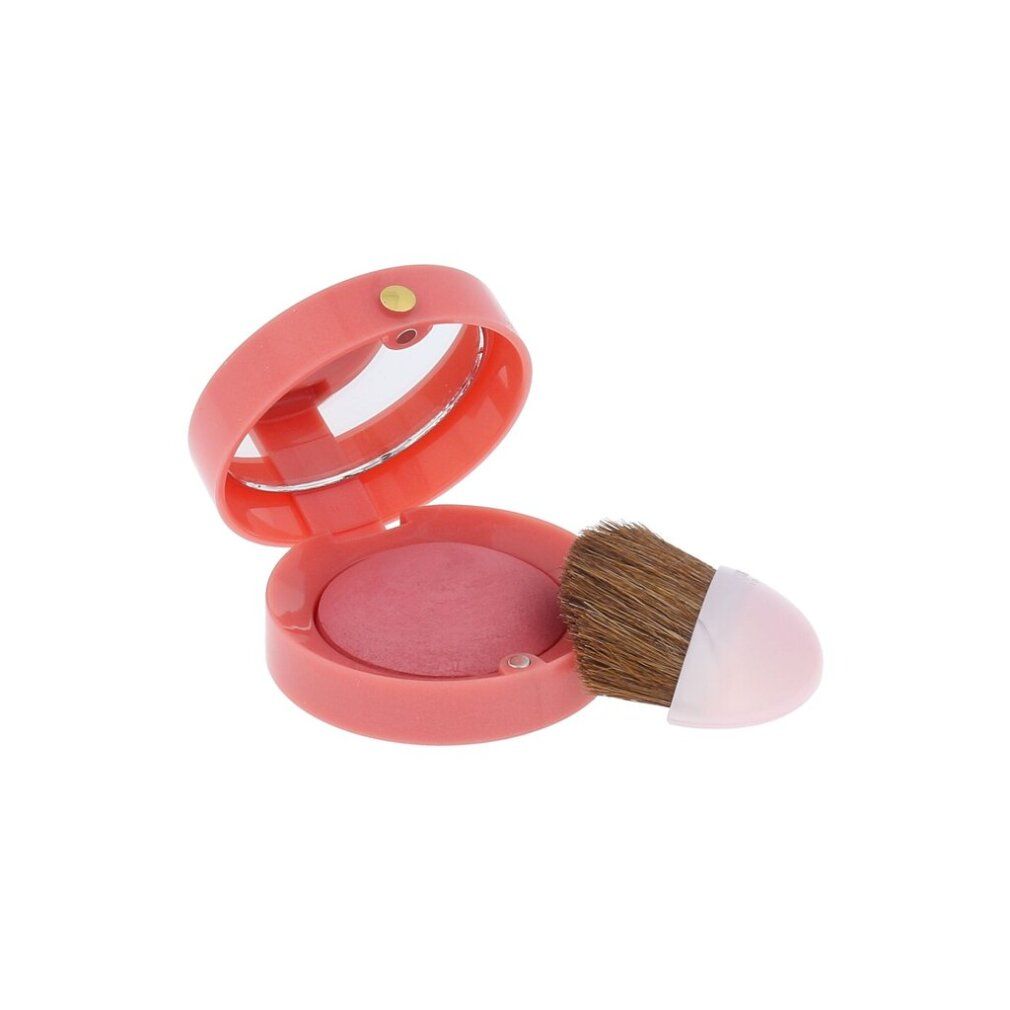 Contenitore rosa per fard con specchio e pennello. Pennello con manico bianco.