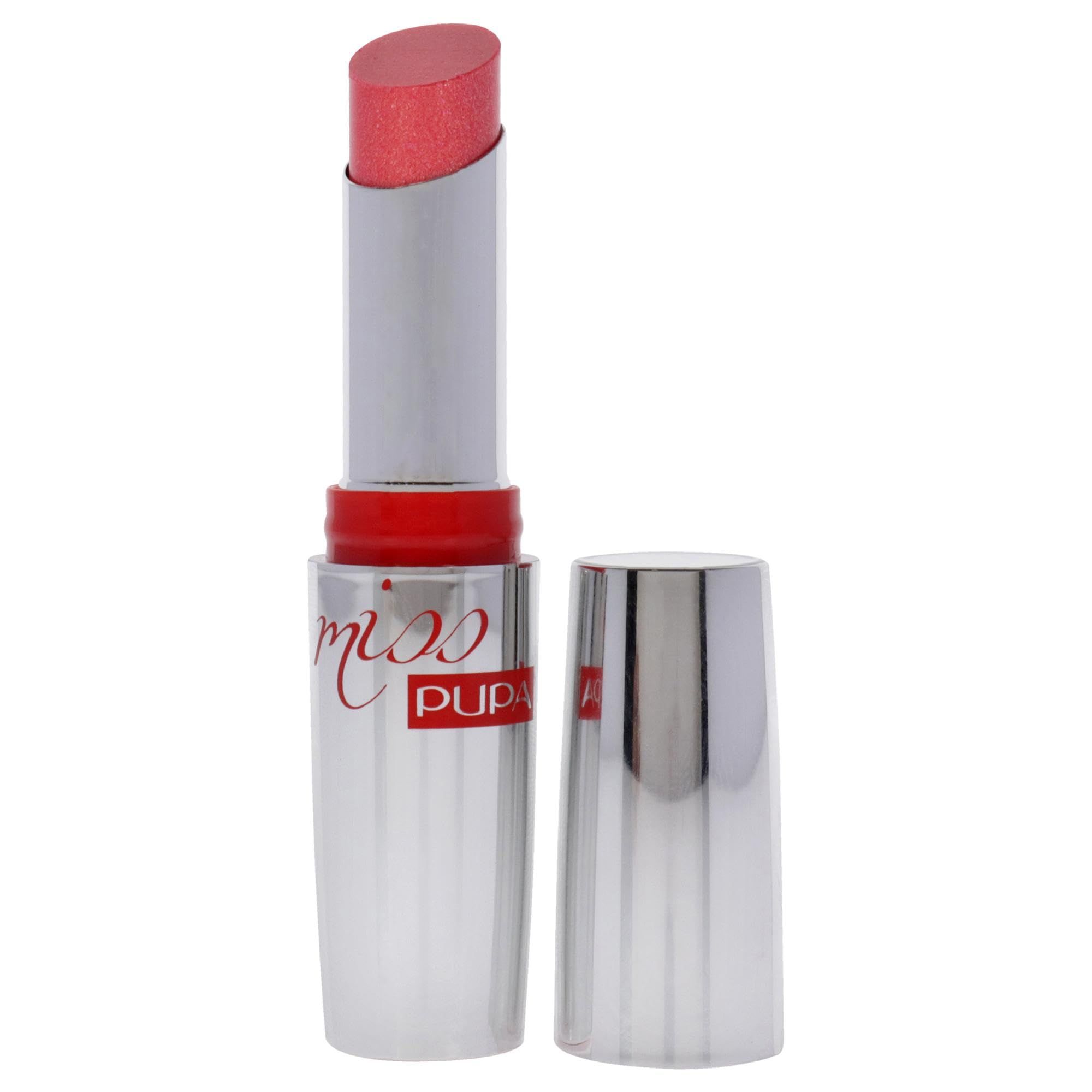 Pupa Miss Pupa Starlight Lipstick, un rossetto rosa brillante in astuccio argentato con cappuccio rimosso.