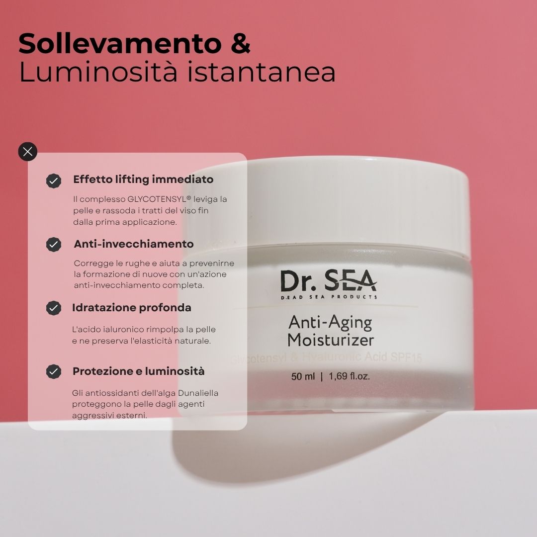 Vasetto di crema con testo. Testo: Sollevamento & Luminosità istantanea. Anti-Aging Moisturizer.