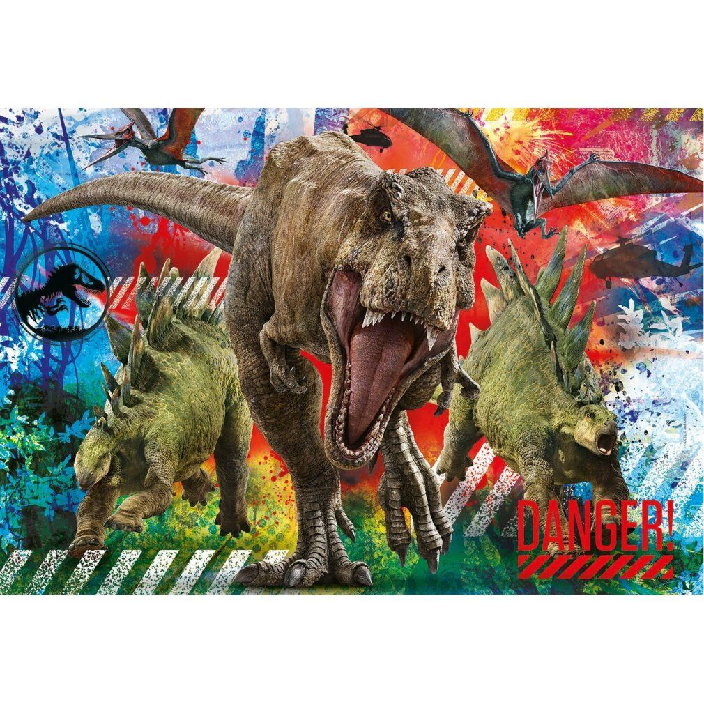 Pezi di puzzle Jurassic World, 180 pezzi. Scena con dinosauri e la parola 'Danger'.
