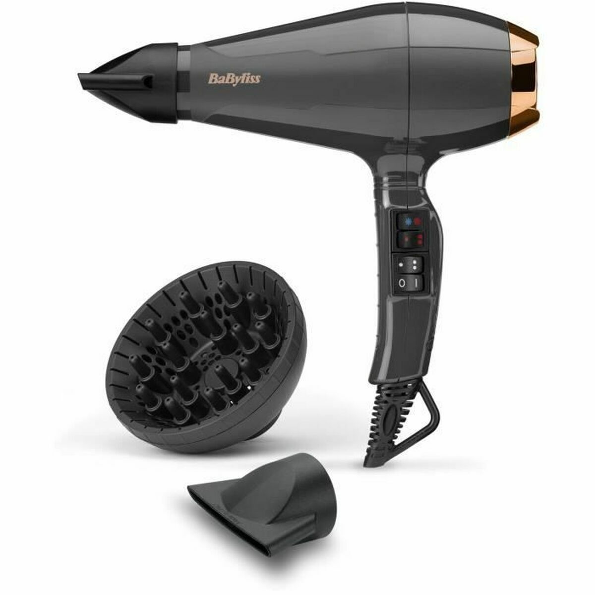 Asciugacapelli nero con accessori. Marca BaByliss. Diffusore e bocchetta inclusi.