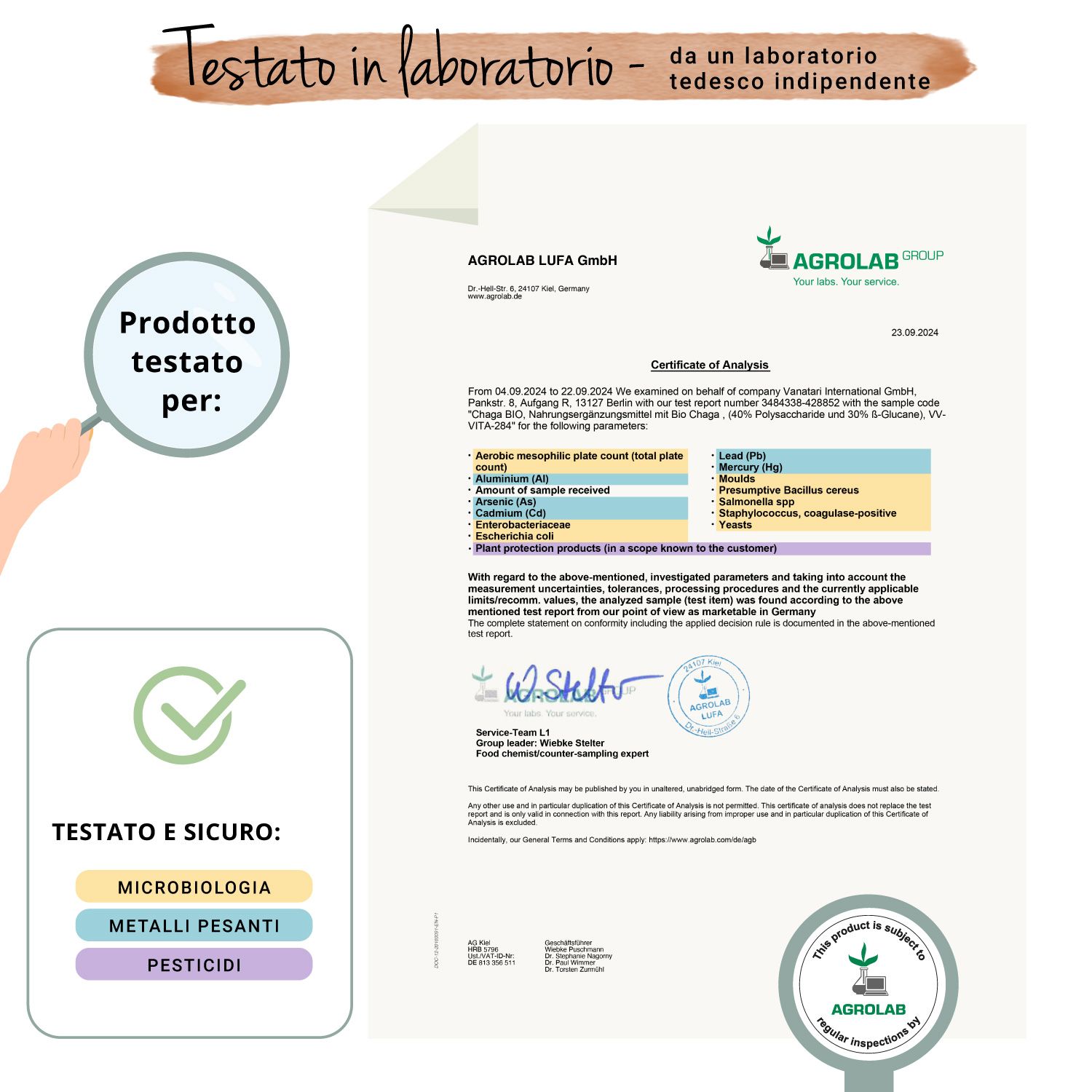 Certificato di Agrolab. Conferma il test di microbiologia, metalli pesanti e pesticidi. Prodotto testato per...