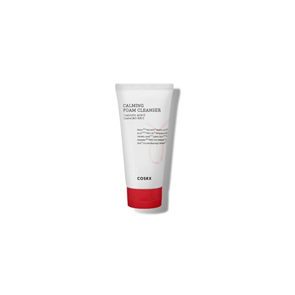 Tubo bianco con base rossa. Scritta: CALMING FOAM CLEANSER. Marchio: COSRX.