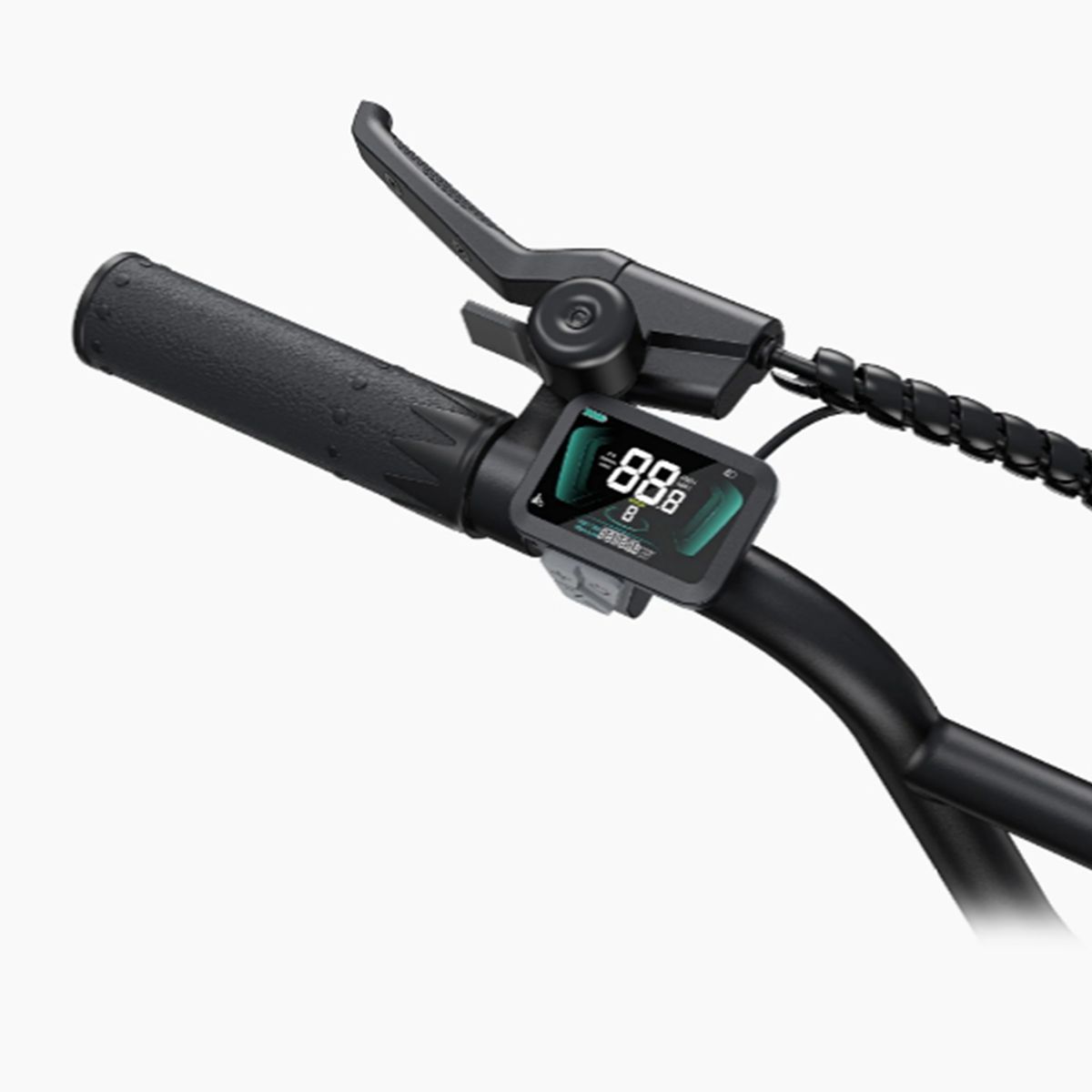 Dettaglio del manubrio di una bicicletta elettrica con display. Marchio ENGWE.