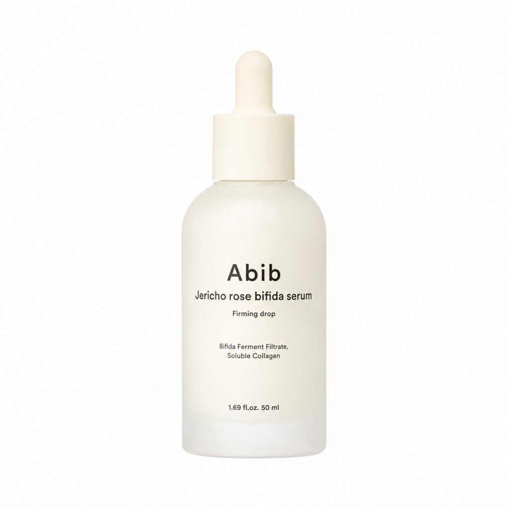 Flacone Abib Jericho Rose Bifida Serum con tappo contagocce. Vetro lattiginoso con etichetta bianca.