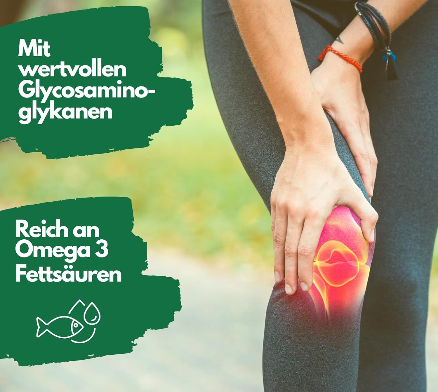 Una persona tocca il suo ginocchio. Testo: Con preziosi glicosaminoglicani. Ricco di acidi grassi omega 3. Sfondo verde.