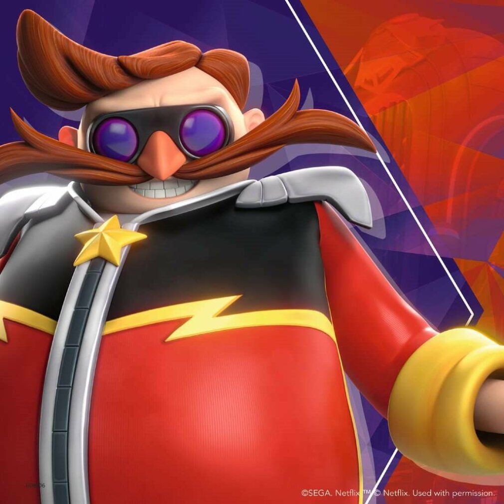 Personaggio del Dr. Eggman con baffi, occhiali e cappotto rosso. Stella gialla sul petto.