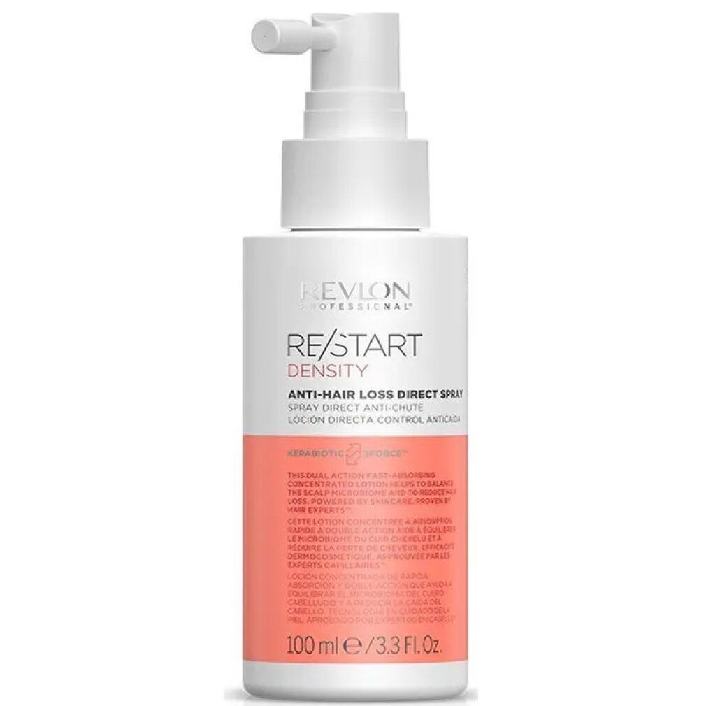 Spray bianco con erogatore. Scritta: Revlon Professional, Re/Start Density, Anti-Hair Loss Direct Spray. Etichetta rosa con testo.
