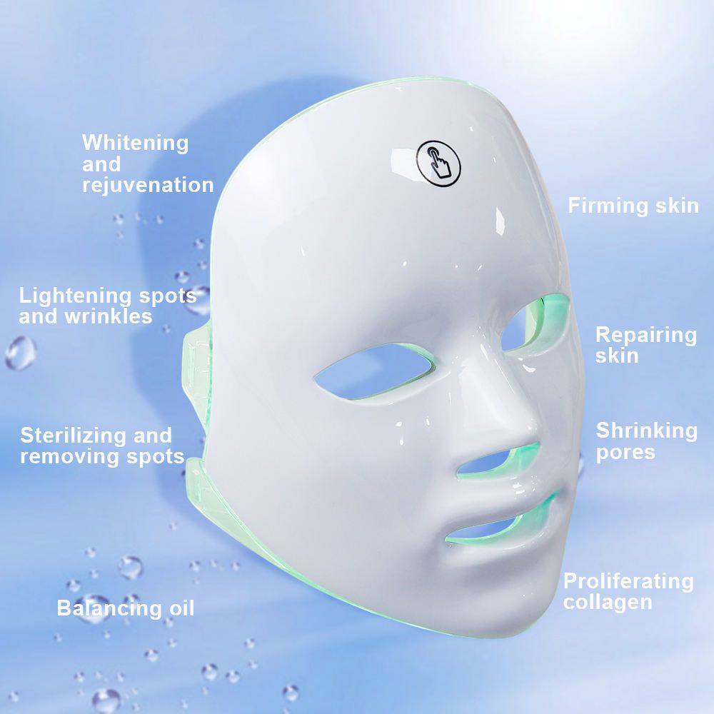 Maschera per il viso a LED bianca con luci verdi. Etichette: Sbiancamento, Rassodamento della pelle, ecc.