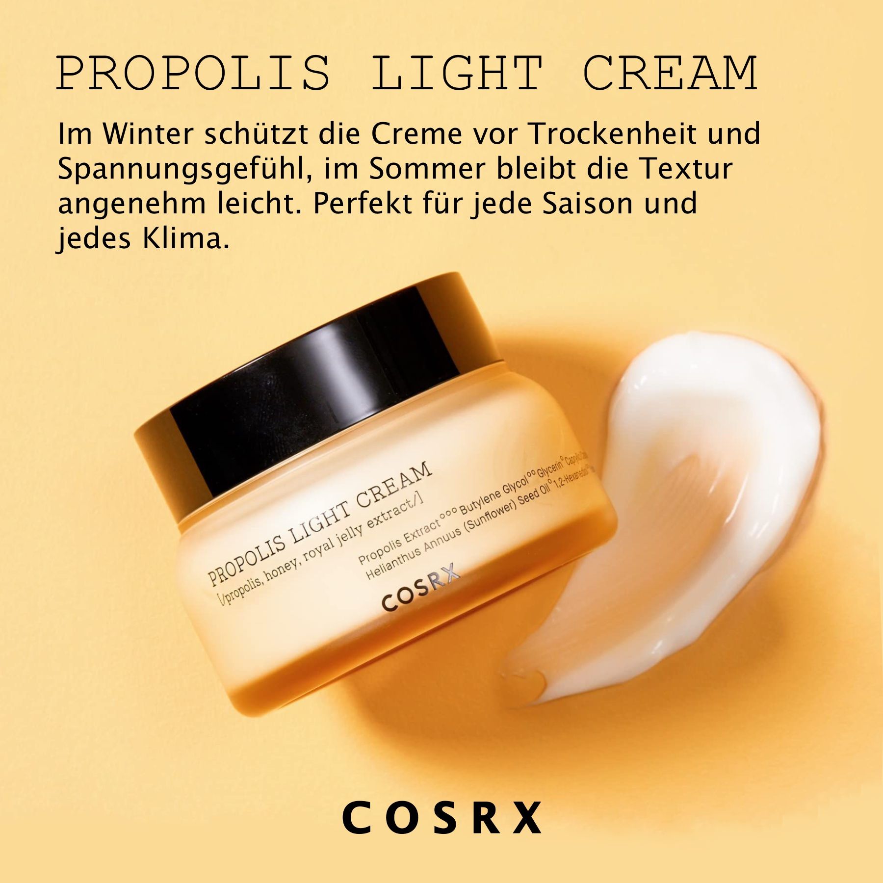 Vasetto di crema con crema su sfondo giallo. Scritta: Propolis Light Cream. Marchio: Cosrx. Testo: Protegge dalla secchezza in inverno.