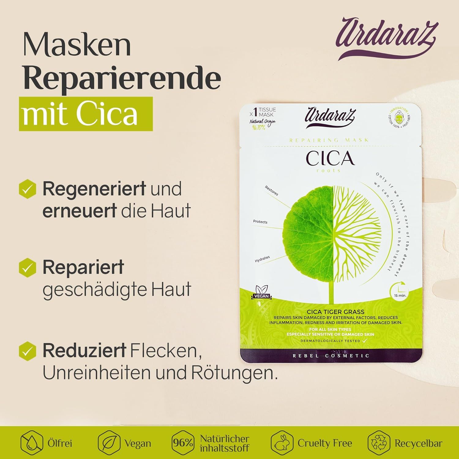 Foto pubblicitaria con maschera. Testo: Maschere Riparatrici con Cica. Logo Ardaraz. Confezione del prodotto con maschera Cica.