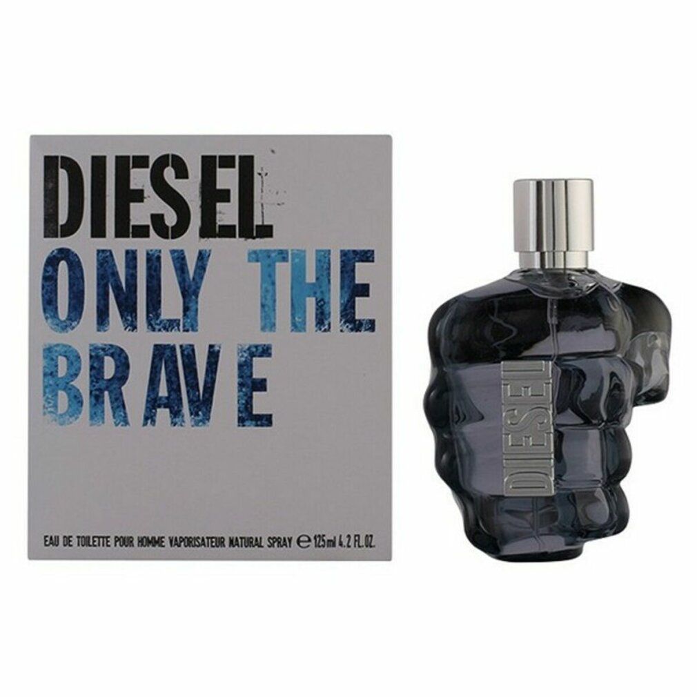 Flacone di profumo e confezione. Sulla confezione c'è scritto "DIESEL ONLY THE BRAVE".