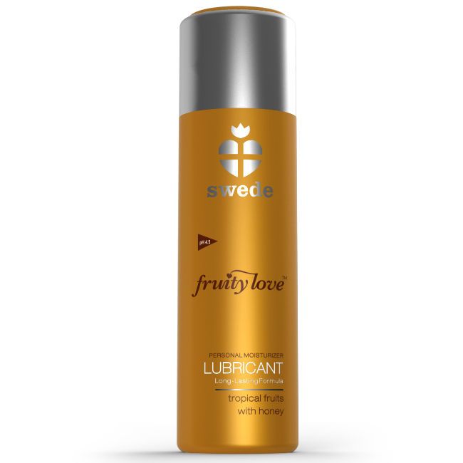 Due flaconi di lubrificante Swede Fruity Love, uno grande e uno piccolo, entrambi dorati.