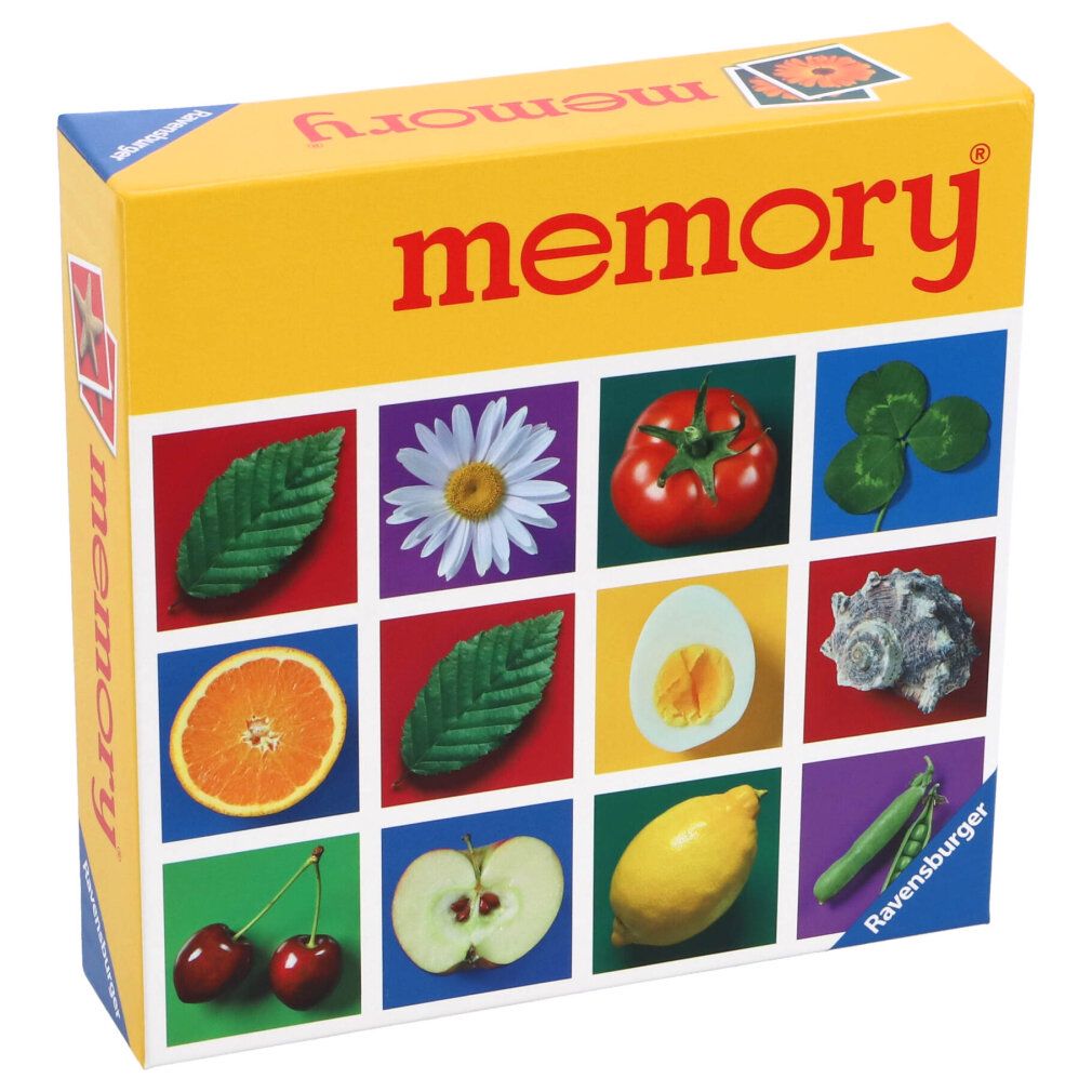 Scatola gialla con scritta "memory". 12 carte quadrate con immagini di cibo e natura. Logo Ravensburger.