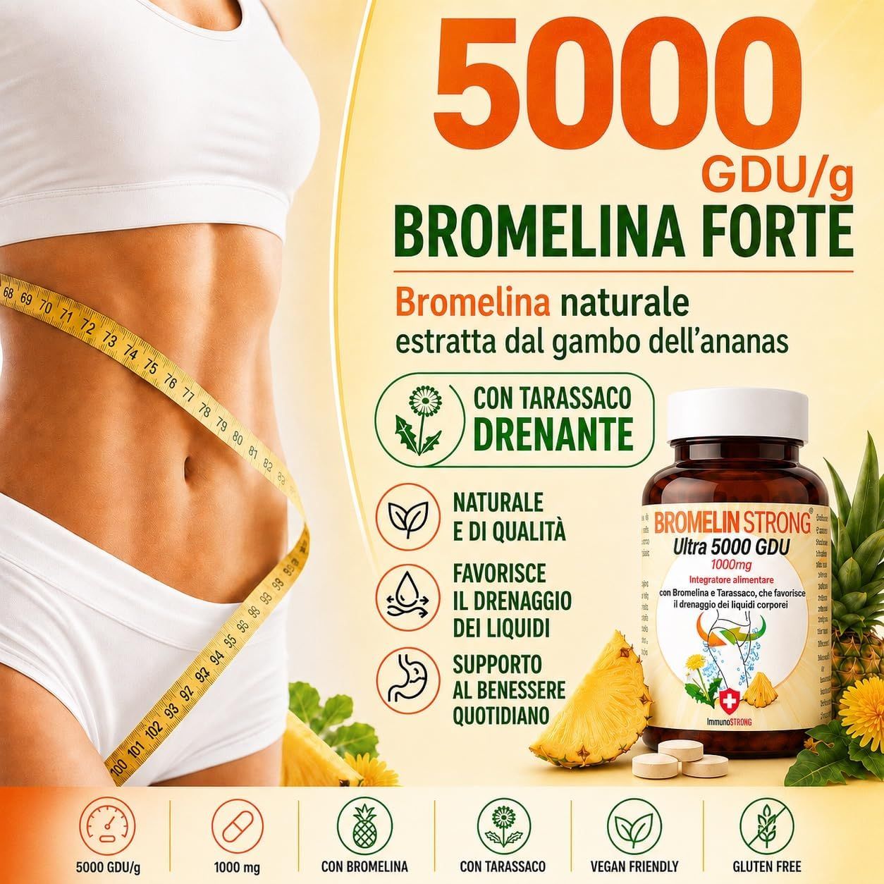 Donna con metro, flacone Immunostrong Bromelina Forte e ananas.