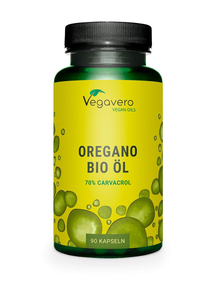 Flacone di capsule verde con etichetta gialla. Scritta: Oregano BIO Öl, 70% Carvacrolo, 90 capsule. Marchio: Vegavero.