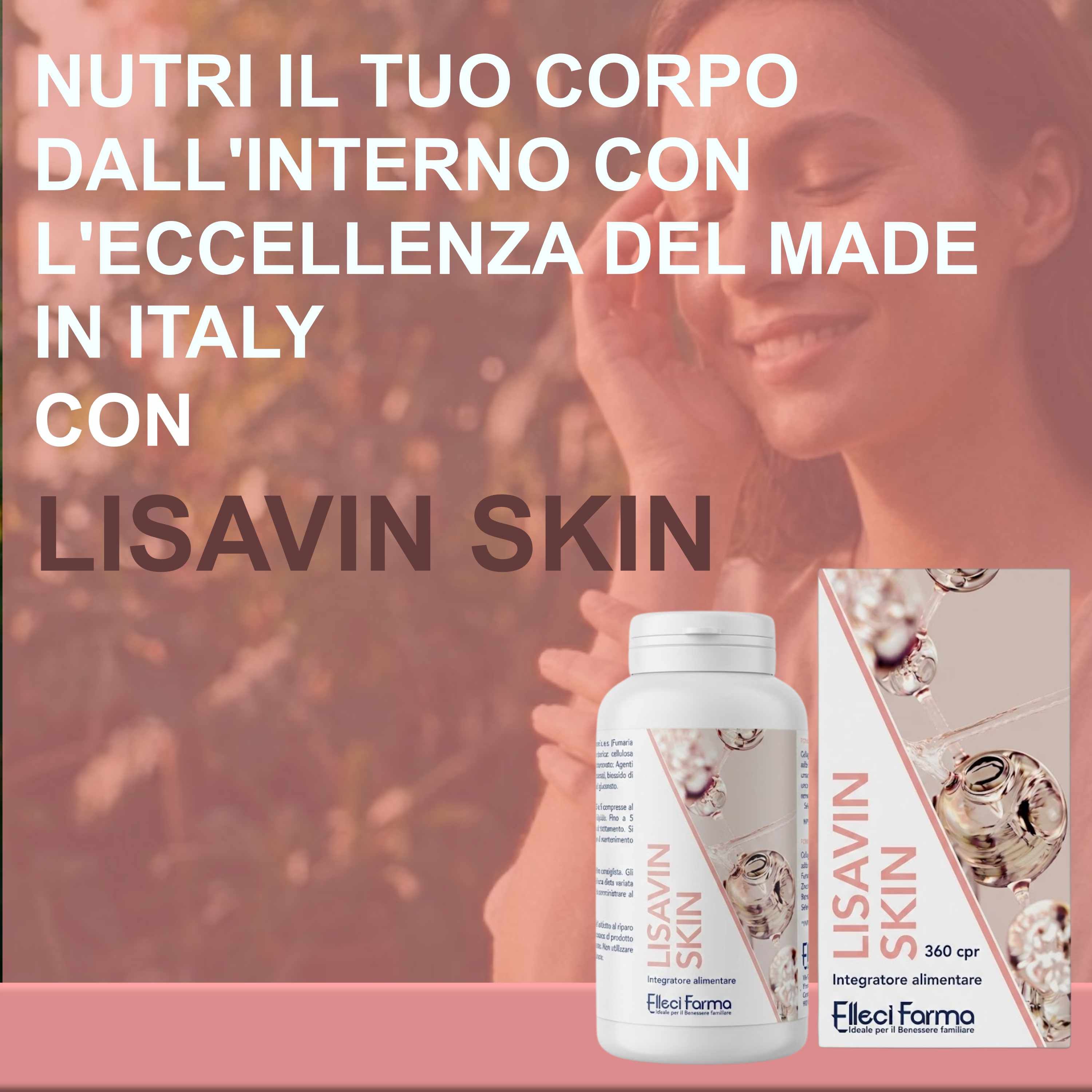 Prodotto Lisavin Skin, flacone e scatola. Testo: Made in Italy.