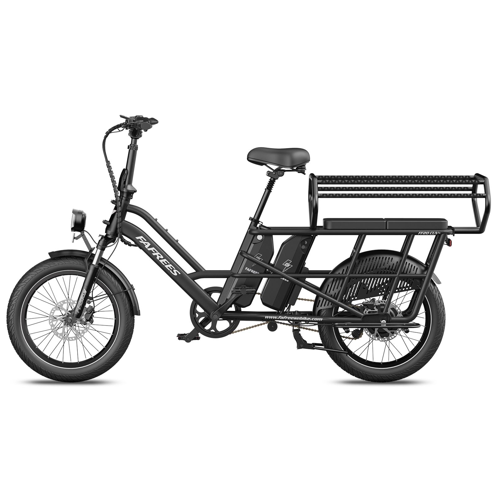 Bicicletta elettrica Fafrees FF20 CUV nera, due batterie, ampio portapacchi, faro anteriore.