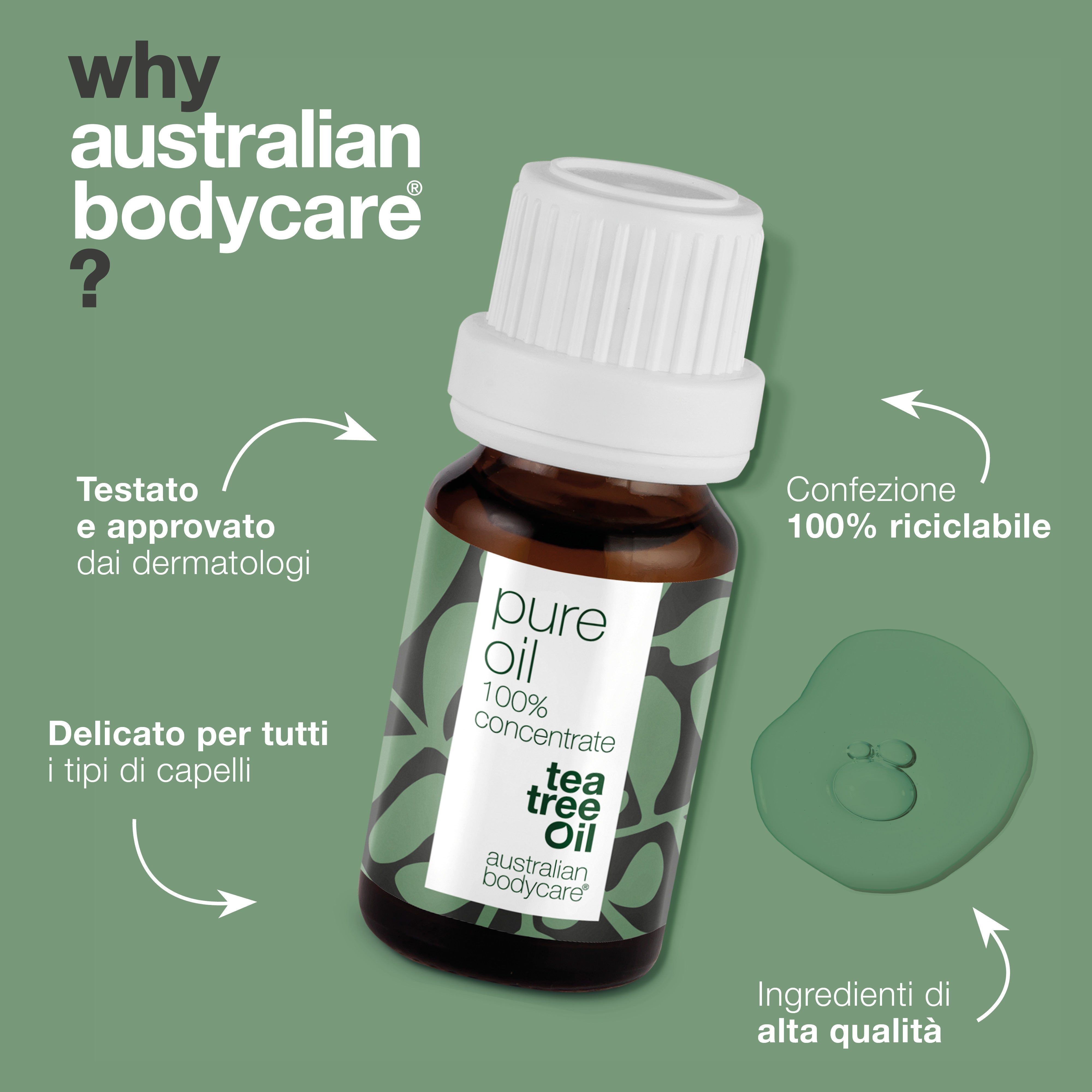 Grafica: Perché australian bodycare? Flacone con testo: pure oil, 100% concentrate, tea tree oil, australian bodycare. Testo e gocce.