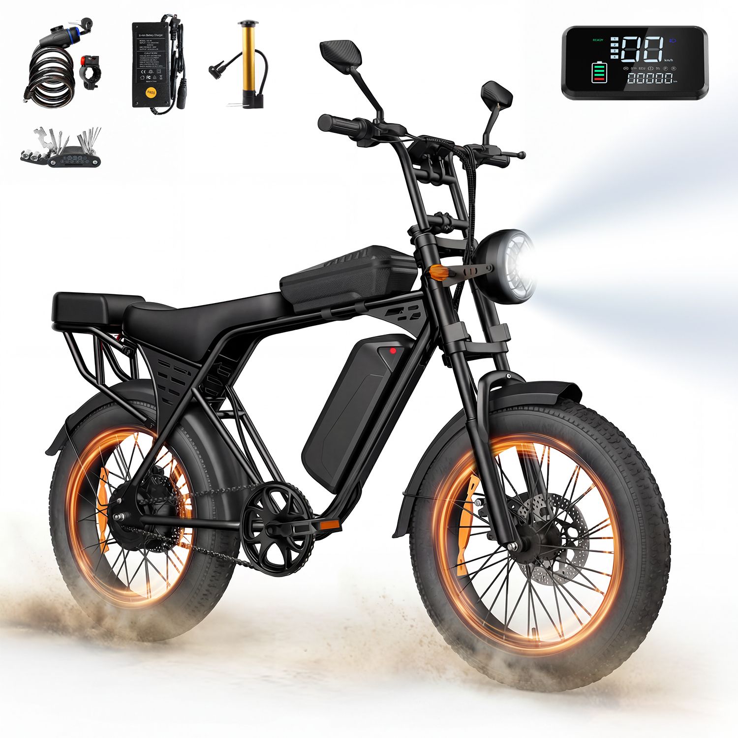 E-bike nera con cerchi arancioni, faro, portapacchi e accessori. Display digitale con informazioni sulla batteria.