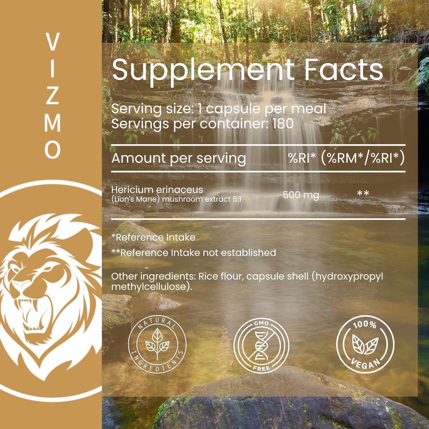 Informazioni sugli integratori. 180 capsule. Estratto di fungo Hericium erinaceus (Lion's Mane) 500 mg. Ingredienti naturali, senza OGM, vegano.