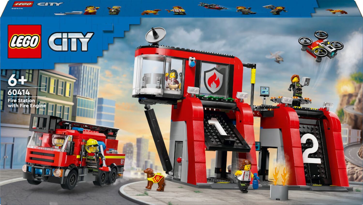 Set LEGO City. Caserma dei pompieri rossa con autopompa e personaggi. Confezione con vista città e informazioni.